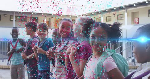 Children Lining Up at Schoolyard with Digital Overlay Transparency
