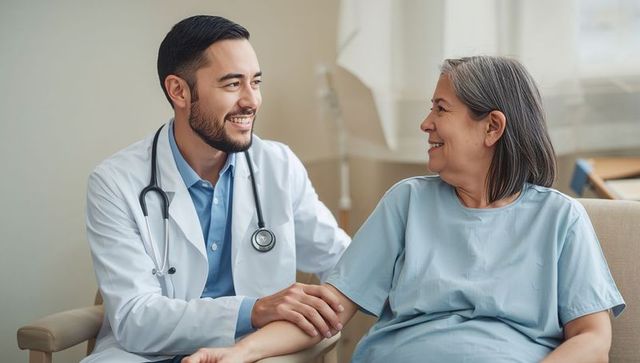 Doctor Holding Senior Patient Forearm Showing Compassion and Reassurance During Consultation