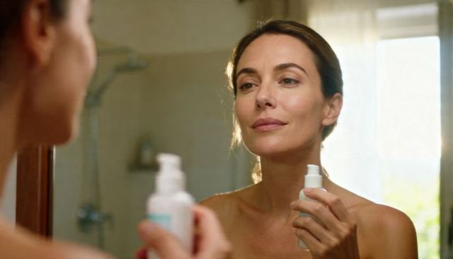Middle-aged woman applying skincare in bathroom mirror holding pump and dropper bottles