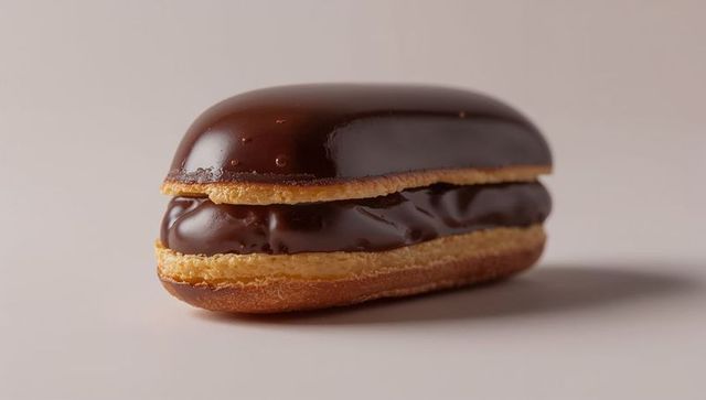 Glossy dark chocolate éclair featuring thick ganache filling closeup on beige surface