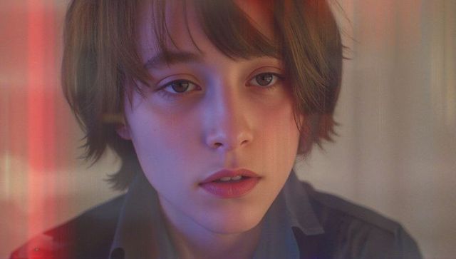 Introspective teenager enveloped in ambient red and blue hues