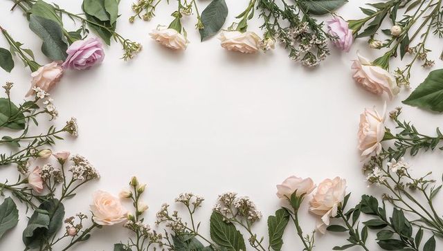 Framing pastel rose and eucalyptus border with blank center for wedding invitation backdrop