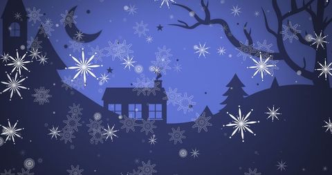 Winter Wonderland with Falling Snowflakes and Cozy House Silhouette