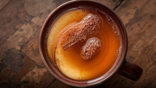 Overhead closeup steaming lemon tea in brown mug on rustic wooden tabletop with lemon slice