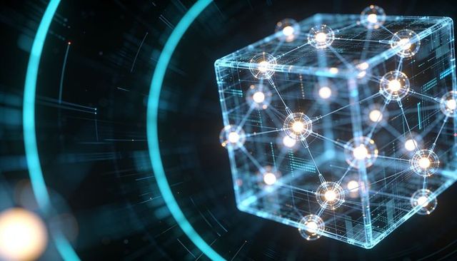Holographic wireframe cube rotating with glowing network nodes and digital dataflow