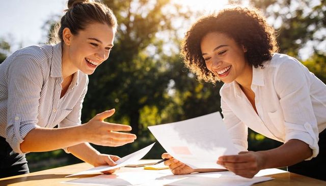 Two women collaborating and reviewing documents outdoors at golden hour by park table