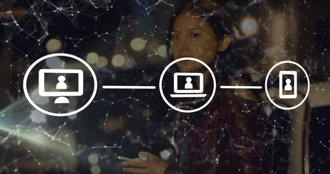 Asian woman holding smartphone at night with connected device icons and network overlay