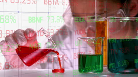Scientist Conducting Experiment with Financial Data Overlay