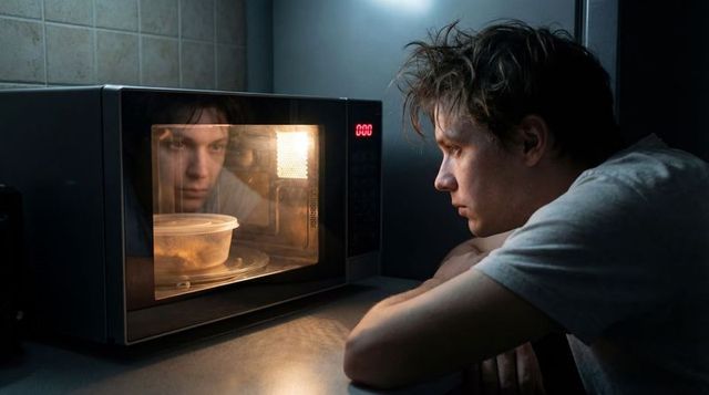 Young man leaning and watching microwave late night, moody kitchen reflection and solitude