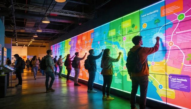Visitors interacting with giant touchscreen map wall in immersive tech exhibit