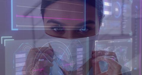 Female scientist adjusting face mask while interacting with holographic hud interface