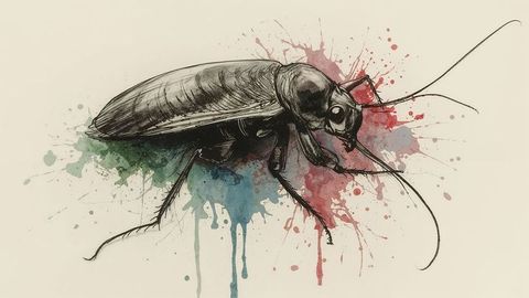 Dynamic cockroach art with colorful watercolor splashes