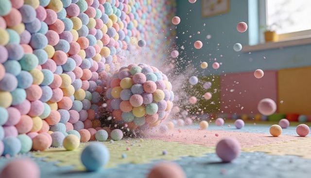 Pastel foam sphere cluster colliding with wall, scattering spheres and powder in playroom