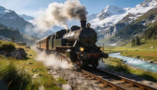 Chugging vintage steam locomotive racing through alpine valley with snow-capped peaks