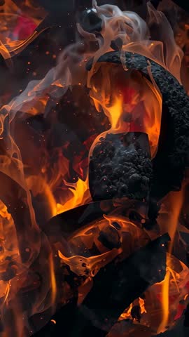Vertical closeup showing burning charcoal, glowing embers and smoky flames