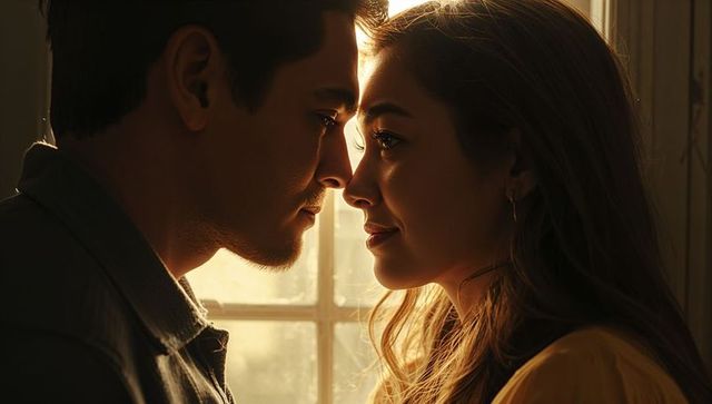 Couple touching foreheads and gazing by sunlit window during golden hour romantic portrait