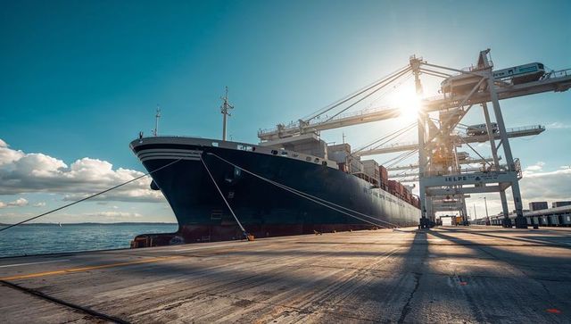 Mooring container ship docking under gantry cranes with sunflare, long shadows on quay