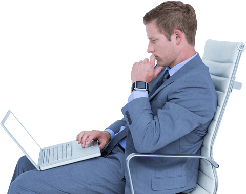 Handsome Businessman Working on Laptop Transparent Background
