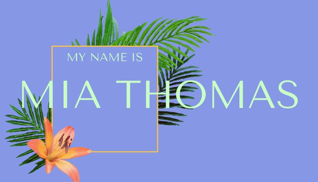 Tropical personal brand design featuring vibrant palm leaves and a bright orange flower on a pastel blue background. Ideal for business cards, networking tools, and unique personal branding elements to make a standout impression.