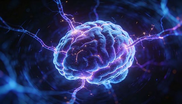 Neon brain firing electrical synapses, glowing neural network concept ai neuroscience