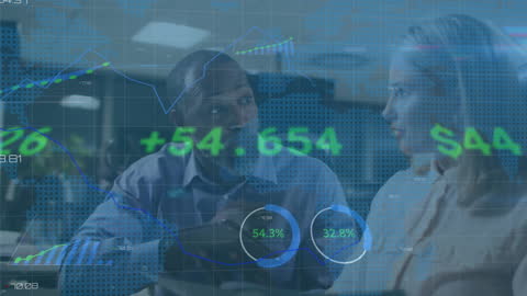 Business Professionals Analyzing Digital Financial Data in Scenic Overlay