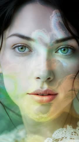 Ethereal portrait of woman receiving drifting color overlays and abstract light motion
