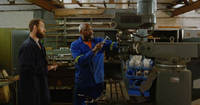 Two machinists in an industrial workshop operating a machine. One machinist is demonstrating tool usage while the other observes and takes notes. Suitable for themes of engineering, teamwork, industrial processes, and skilled labor.