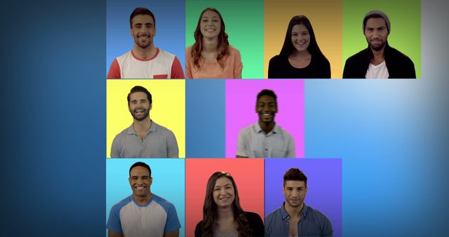 Diverse Team Smiling Against Colorful Background During Video Call - Download Free Stock Images Pikwizard.com