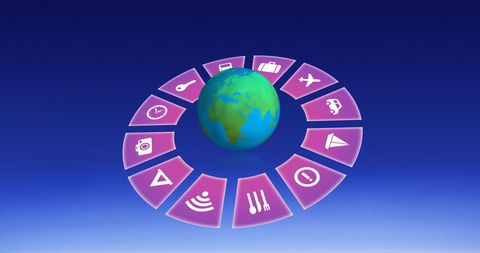 Digital Travel Icons Around Globe on Sky Background - Download Free Stock Images Pikwizard.com