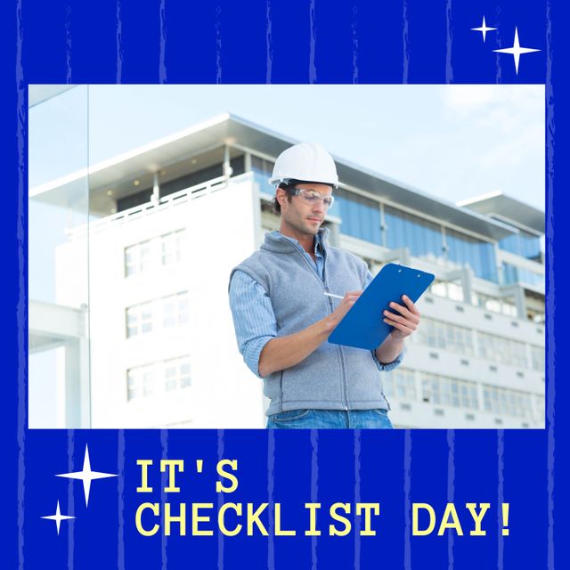 Composition of checklist day text over caucasian male worker with clipboard. Checklist day and celebration concept digitally generated image.