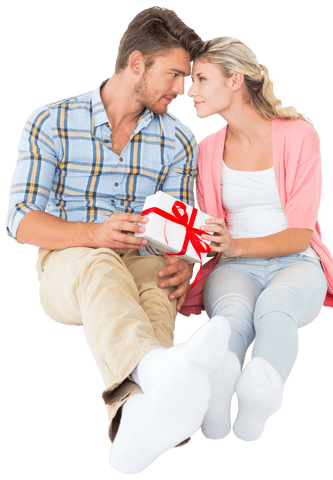 Romantic Couple Exchanging Gift with Affection Transparent Background