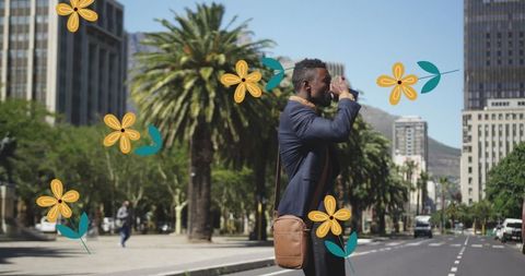Businessman Walking on City Street with Floral Graphic Overlay