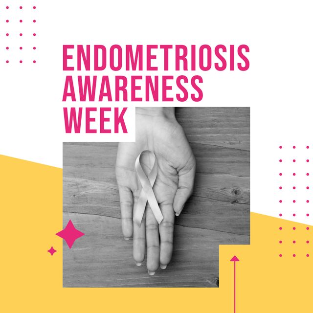 Composition of endometriosis awareness week text with woman's hand and ribbon. Endometriosis awareness week and woman's health concept digitally generated image.