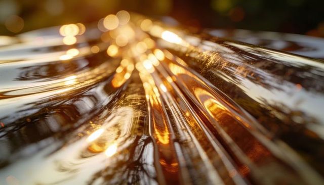 Golden sunlight reflecting on ribbed polished metal surface capturing tree reflections