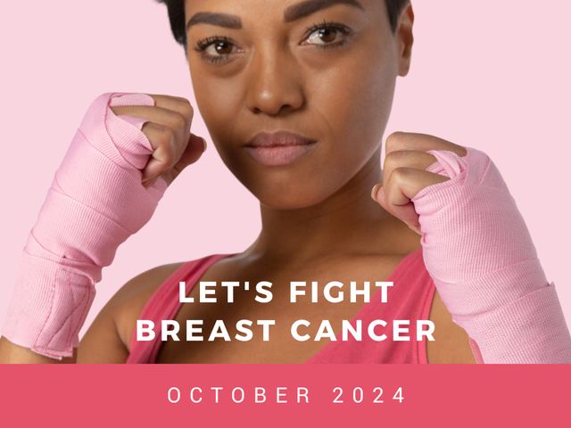 Powerful image of a woman with pink boxing gloves representing struggle against breast cancer. Excellent for campaigns supporting breast cancer awareness, fundraising events, educational materials, and social media content promoting empowerment and health advocacy.