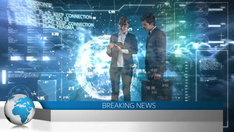 Futuristic Businesspeople Discussing Digital Data in Virtual Environment