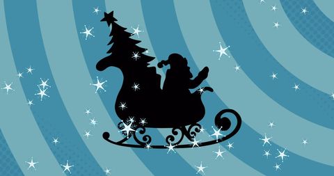 Santa Claus Silhouette in Sleigh with Christmas Tree and Snowflakes