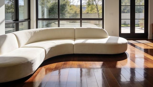Curved cream sectional sofa reflecting on polished hardwood in sunlit modern living room