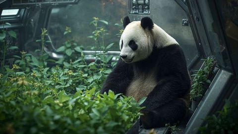 Giant panda sitting among lush greenery in managed enclosure nibbling bamboo leaves