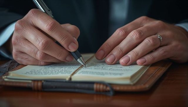 Professional hands capturing notes in elegant leather notebook