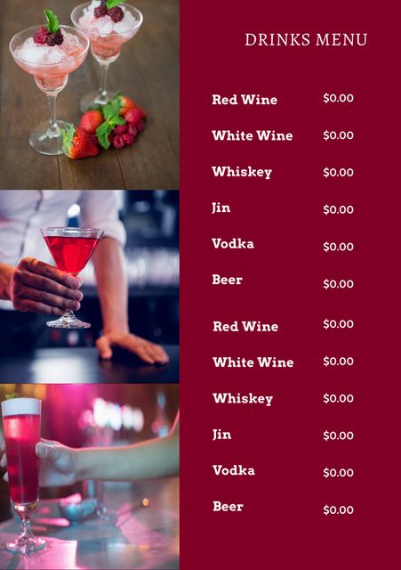 Elevate bar or restaurant marketing with this elegant drinks menu template. Suitable for listing a variety of beverages including cocktails, wines, whiskeys, vodka, and beers. Perfect for upscale bars, fine dining restaurants, and trendy lounges looking to enhance their visual appeal. The template features vibrant cocktails and a clean design that can easily be customized to fit specific needs.