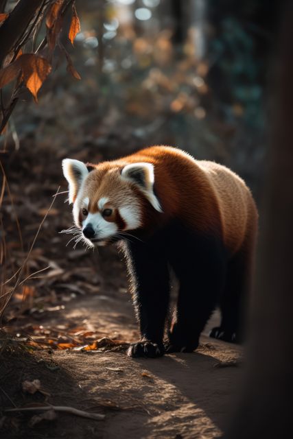 Red panda walking on forest floor amid fallen leaves with sunlight filtering through trees. Ideal for use in wildlife conservation campaigns, nature documentaries, educational content on animals, and habitat preservation materials.