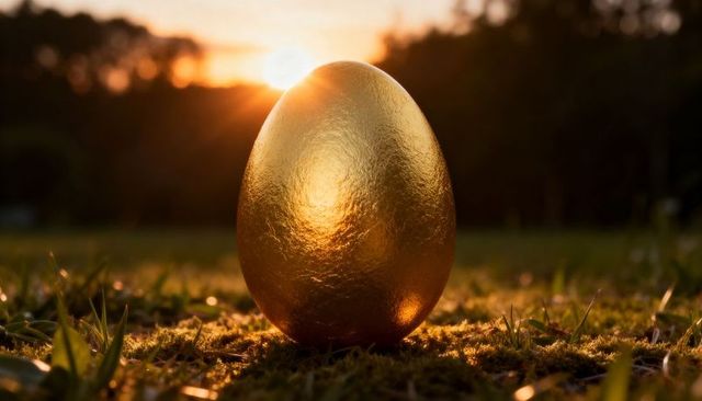 Glowing golden egg resting on mossy meadow at sunset backlit halo and reflective texture