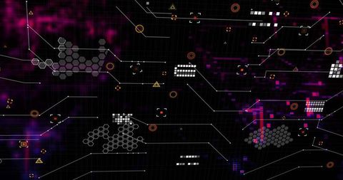 Neon Network Visualization with Hex Clusters, Nodes and Circuit Lines on Dark Grid