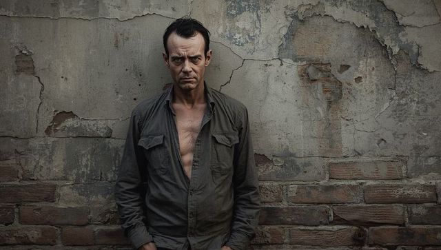 Rugged man standing against enhanced urban background