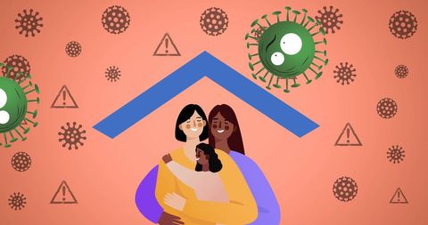 Diverse Family Embracing with Virus Symbols in Background