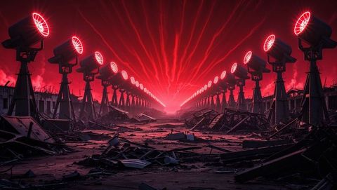 Red laser projection on dystopian apocalyptic industrial ruins