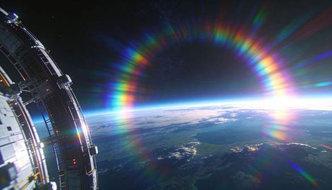 Rotating orbital station ring catching sunlight with rainbow diffraction halo over earth