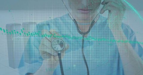 Nurse analyzing digital data with stethoscope in futuristic interface