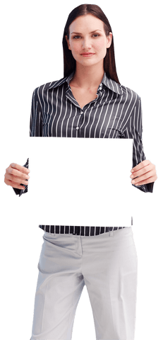 Businesswoman Holding Black Poster with Blank Transparent Area